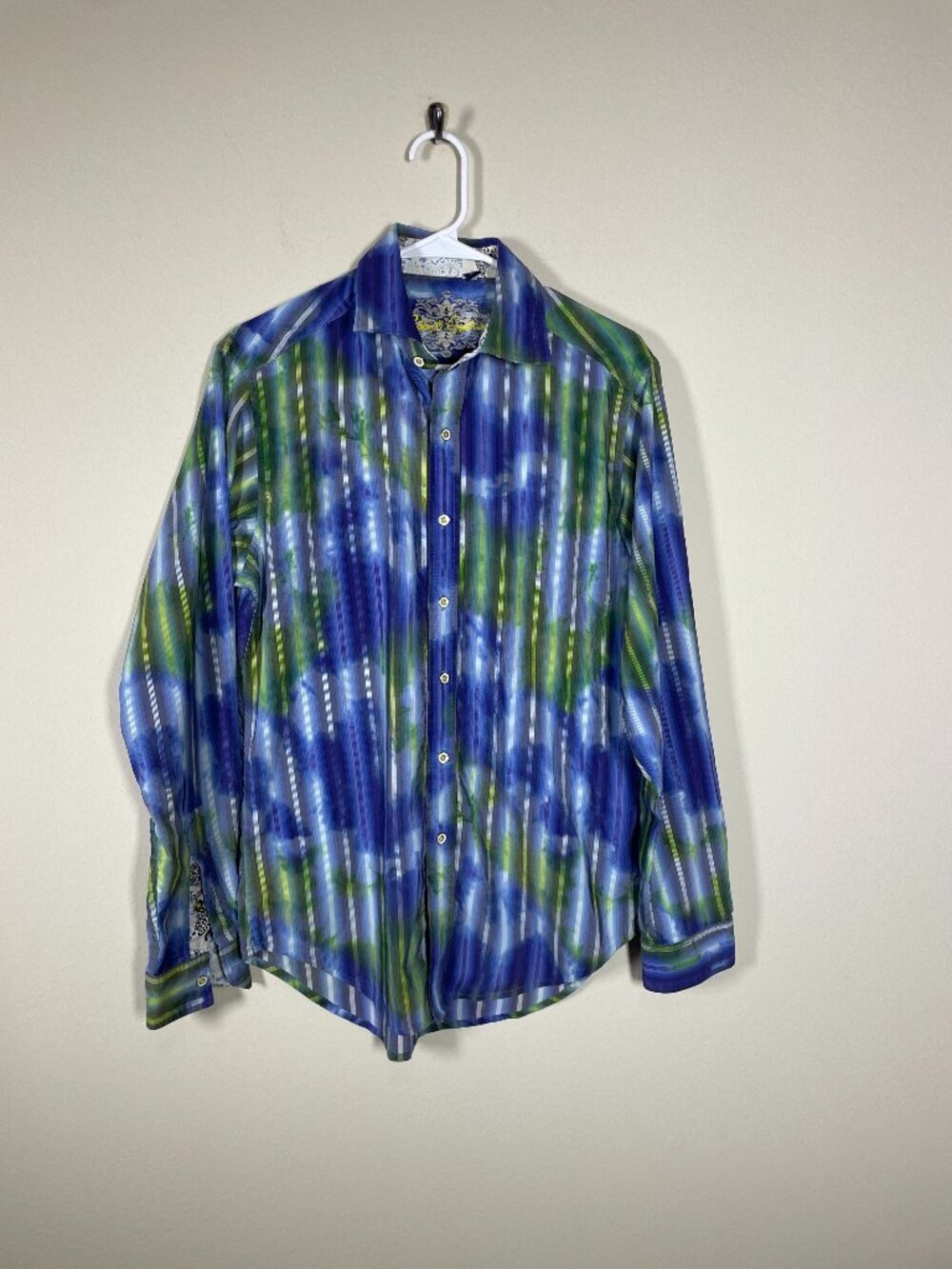 Robert Graham Men’s Small Tie-Dye Striped Long Sleeve Shirt Blue Green & White!